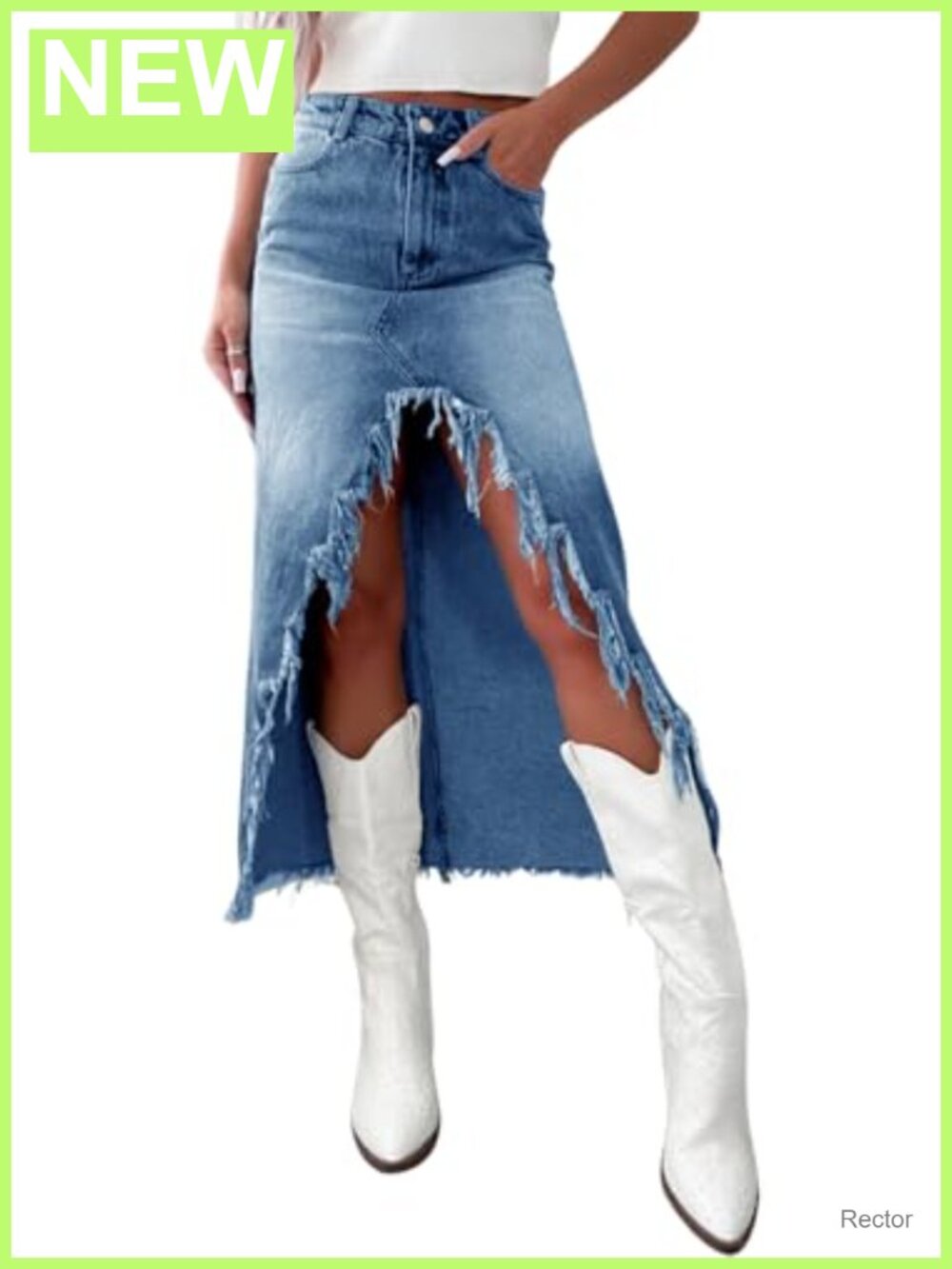 Womens Denim Midi Skirt High Waist Frayed A-Line Slit Cotton Polyester